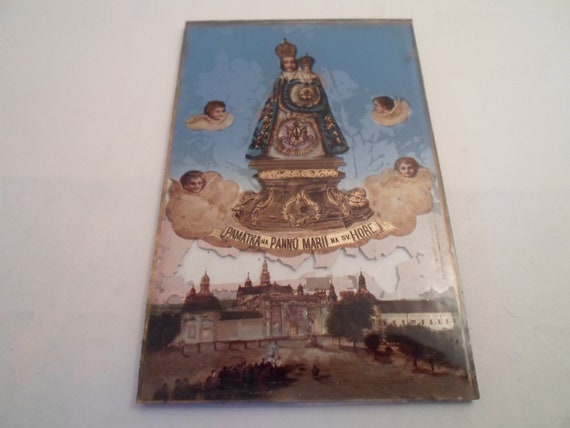 Antique Mini Souvenir Religious Painted on Glass Remembrance of Child Jesus Re purpose or Frame Cottage Bo Ho Decor