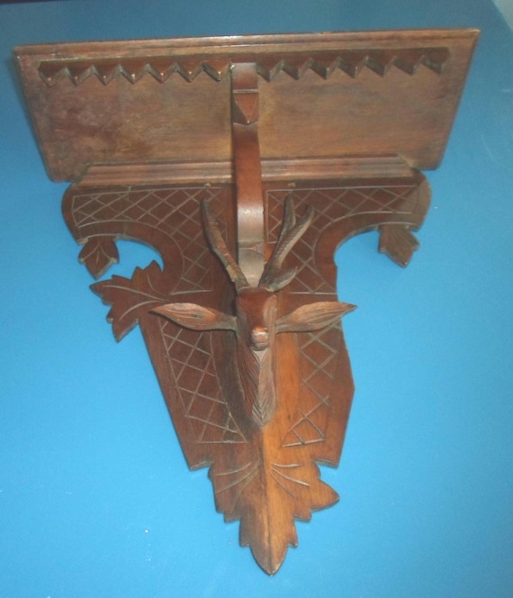 Antique Stag Deer Head Large Hand Carved Walnut Clock Shelf Victorian 1890's Rare and Beautiful Age of Innocence Era. Note Description!