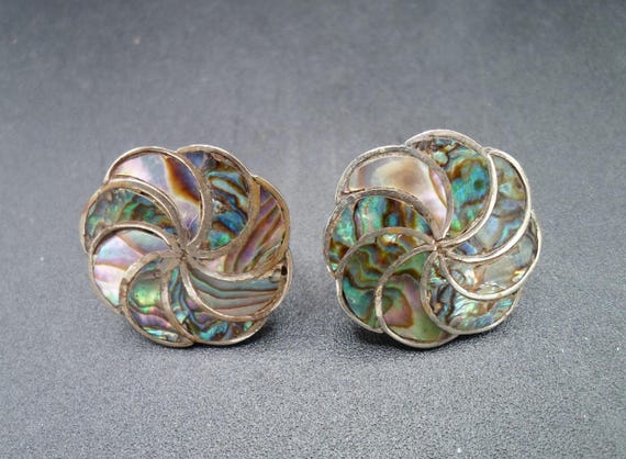 Art Deco Sterling Silver Abalone Mother of Pearl Pinwheel Earrings marked 925 AR