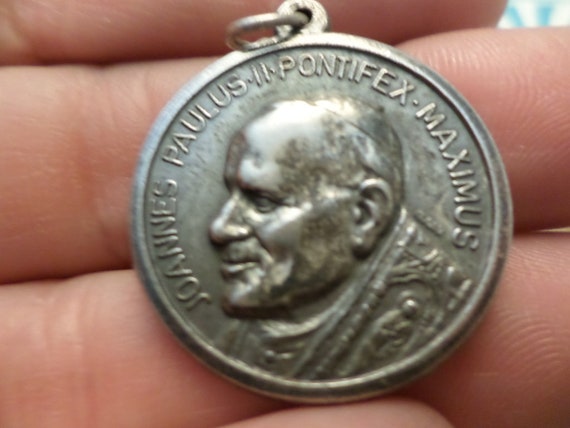 1"Catholic medal silver tone Pope charm Joannes Paulus II Pontifex Maximus Pope John Paul II