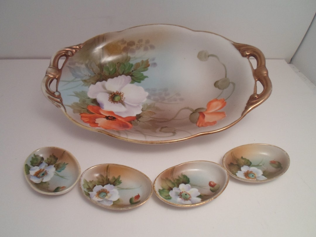Nippon Salt Cellars and Master Salt Bowl Beautiful Poppies Hand Painted Signed Nice for Dipping