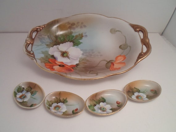 Nippon Salt Cellars and Master Salt Bowl Beautiful Poppies Hand Painted Signed Nice for dipping cheese tasting