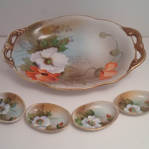 Nippon Salt Cellars and Master Salt Bowl Beautiful Poppies Hand Painted Signed Nice for dipping cheese tasting