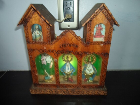 Antique Mexican Carved Gilt Wood Enclosed Lighted Shrine Our Lady of Zapopan 3 Statues in Glass Wood Mini 10" Church Religious Spiritual