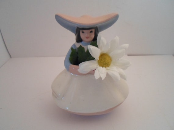 Vintage California Pottery Vase Wall Pocket Lady Hand Painted 1950's plant/flower key holder