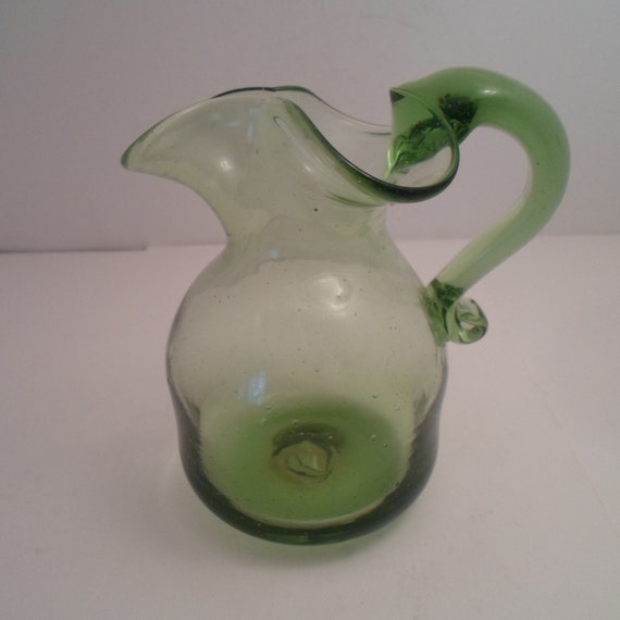 Vintage Hand-Blown Green Art Glass Pitcher 5" Crimped Top, Pontil Mark