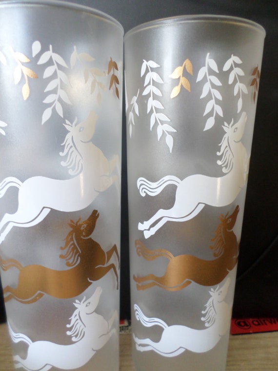 Pretty Vintage 50's glasses gold white horses frosted ice tea glass