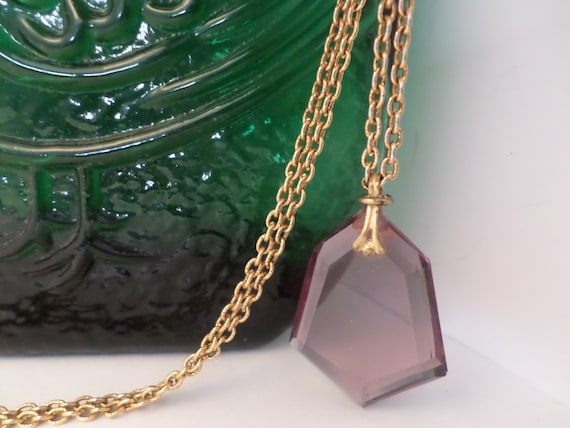 Vintage 70's Amethyst glass pendant on gold tone chain February birthstone