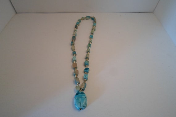 Vintage Turquoise large Scarab Necklace hand made Stones Chic Overhead Fit Mysterious Ethnic Tribal Stunning style