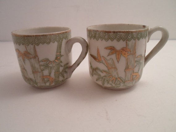 Antique 2 Child Doll China Porcelain Cup Swallows Birds Palms True  Victorian Era