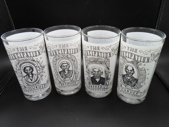 Vintage Emancipation 6" Glass Tumblers Portrait Frederick Carver Bethune Sojourner 1863-1963 Rare Original set of 4 Black History Month