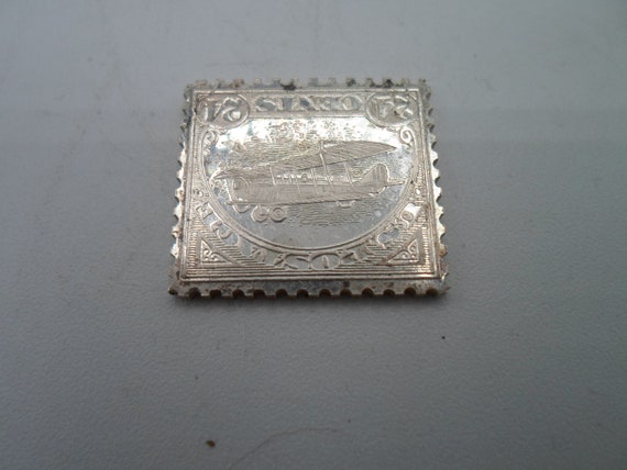 Vintage Sterling Silver US Postage Stamp Commerating The First Air Mail 24cents Double Winger 1918