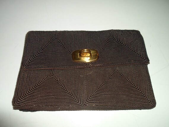Antique WWII Era File Material Clutch Purse Durable File Stitched in Art Deco Pattern Great Look Casual or Evening Little Black Bag