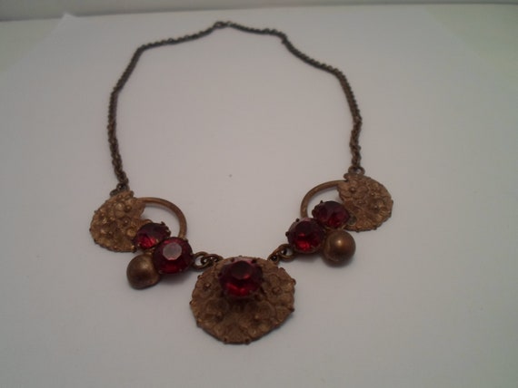 Antique Art Nouveau Necklace Red Garnet Stones Beautiful Blown Out Flowers on Chain Rare Hard to Find Style