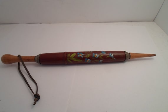 Vintage 1960's Mid Century Wood Hand Painted Umbrella Shape Pencil Case for Pens Pencils School items or Re Purpose Danish Swiss Style