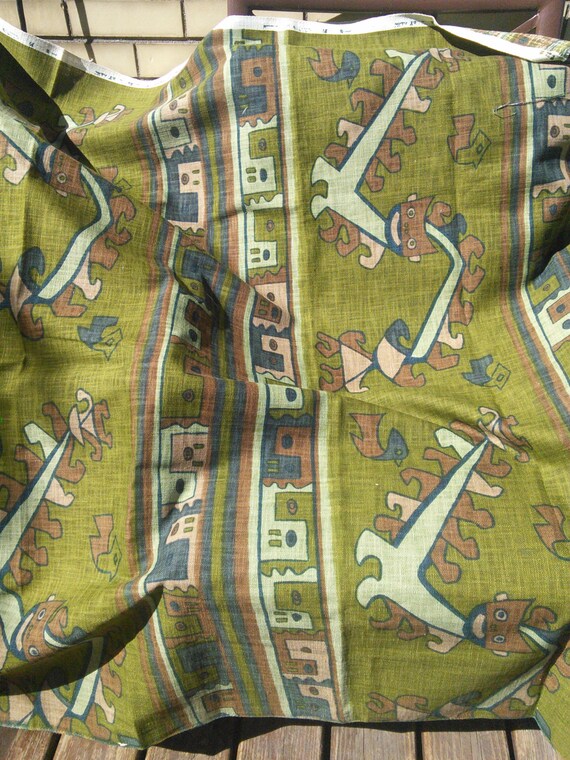 Fantastic Mid-Century Modern Tiki Tribal Ethnic design fabric greens and browns upholstry