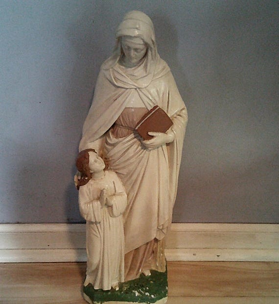 Vintage Antique St. Anne and the Child Mary 20" Statue Draped Veil and Clothing Catholic "Folk Art" As Found