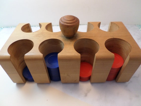 vintage Mid-Century modern maple poker chips holder plastic chips butcher block style