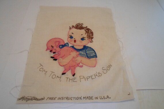 Vintage Antique Vogart Original Detailed Embroidered Quilt Square Pig Piggy Tom Tom Quilt or Frame Farm House Chic