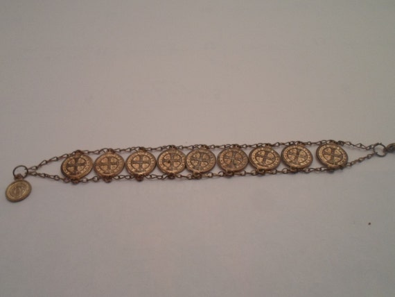 Vintage Gold Dipped Mini Saint Benedict Medal Coin Bracelet Breath to God Dispel Chaos Protection from Evil