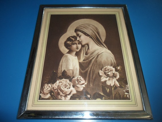 Vintage Madona and Child Jesus Print Sepia Tones with Roses in Metal Frame Created Home Folk Read Description 10"x12"