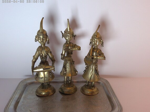 Vintage 60's Hindu musicians set of 3 tin metal sculptures Ethnic Culture