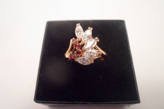 Vintage 70's Gold Plated Garnet & Zircon Cocktail Bling Ring Indiana Estate Find