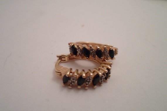 Vintage Gold on Sterling Sapphire Pierced Earrings Excellent Workmanship Holiday Gift Marque cut stones Hoop