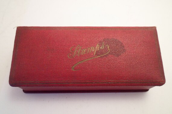 Antique Art Deco Leather Bound Stamp Box Desk Chic Stamps Pins Clips Office Mad Man