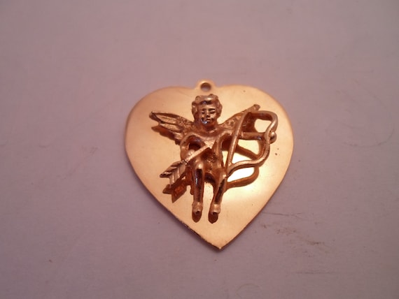 Vintage Cupid Heart Charm Pendant Cupid Drawing Back Bow Full Figured Cherub applied to Heart Adorable Love Symbol