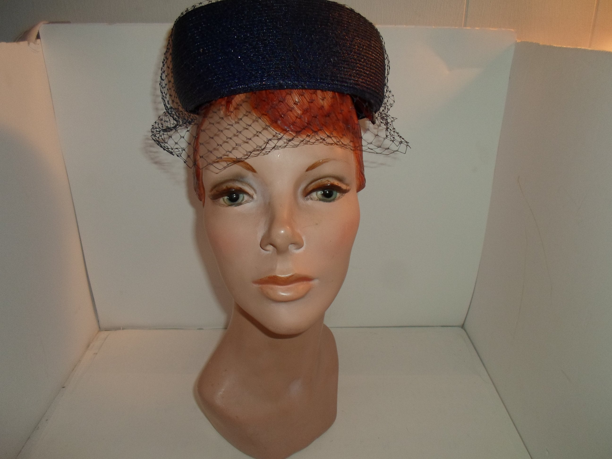 Vintage 60's Jackie Kennedy Pill Box Hat with Veil Over Dark Navy Blue