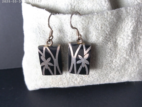 Vintage 90's dangle earrings, Sterling silver and onyx Bamboo design