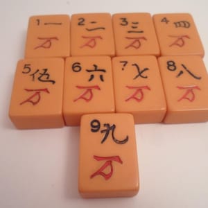 Antique 9 Mahjong Butterscotch Bakelite Symbolic Game Tiles for Jewelry or Collection