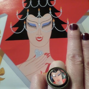 Erte&#39; Christmas Gouache ART Art Deco Art Nouveau Lady handmade adjustable brass cool monocle ring