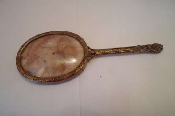 Antique Petite Glass Dome Hand Mirror Taxidermy Butterfly Dried Flowers Locks of Hair French Design Tooled Brass Frame and Handle Rare 6"