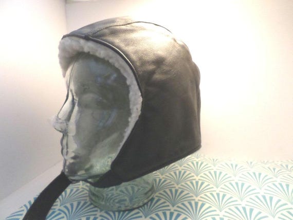 vintage 70's black leather nubby lined pilots Red Baron motorcycle hat USA M