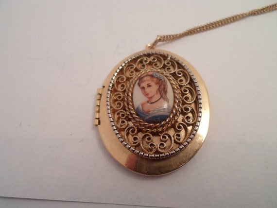 Vintage Porcelain Cameo Locket gold tone Ornate Framed French Woman in Blue Picture Locket