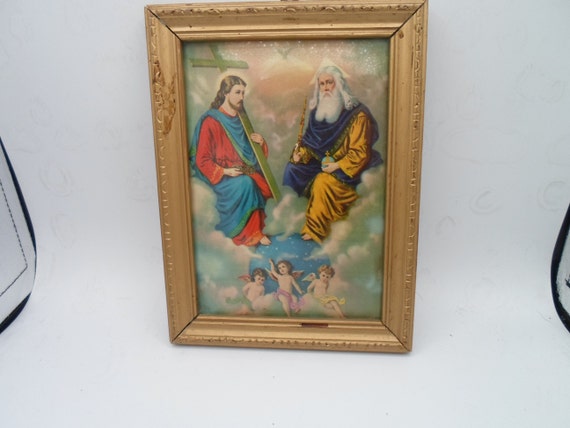 Vintage Print God The Father Jesus with Cross Holy Spirit Cherubs 1940's 50's Church Sacristy find