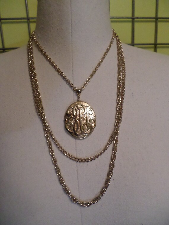 Vintage 70's faux initials locket on layered chains 2" locket