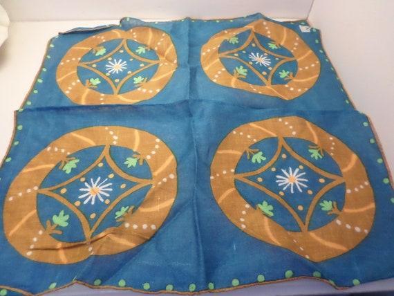 vintage 50's linen handkerchief Shelly daisy daisies teal blue