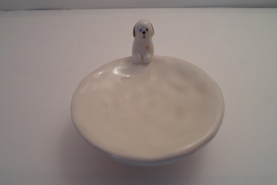 Vintage Dog on Trinket Tray Adorable Puppy signed Natural Life Rings,Earrings Small items Brown and White Pup