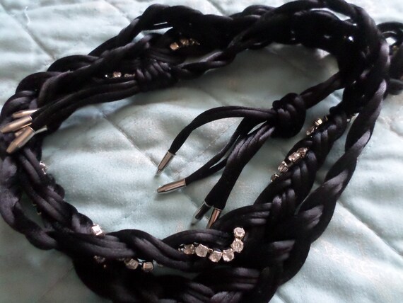 Shiny black satin & rhinestone braided vintage belt 1950's