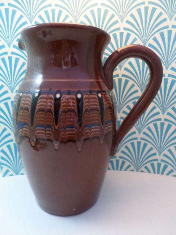 Vintage terra cotta Bulgarian Folk Art pitcher high gloss beautiful colors