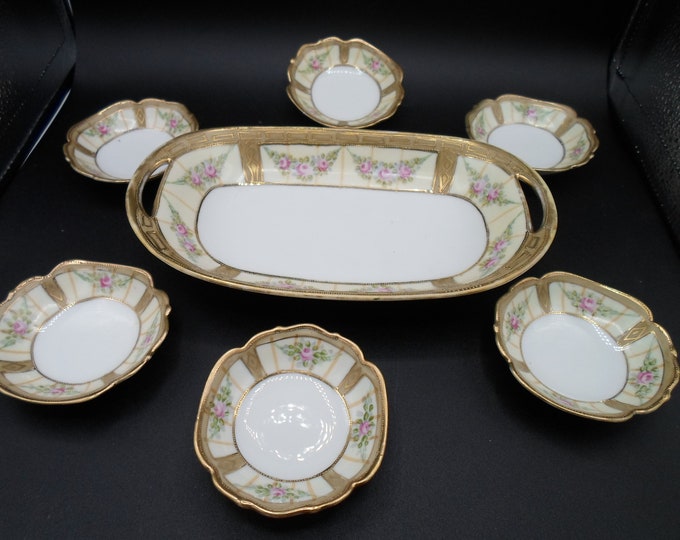 Vintage Nippon Hand Painted Salt Set Celery Dish 6 Salts Dips Signed