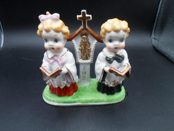 Vintage Choir Boy and Girl at Wayside Stand Station Mid Century Japan Ceramic read description