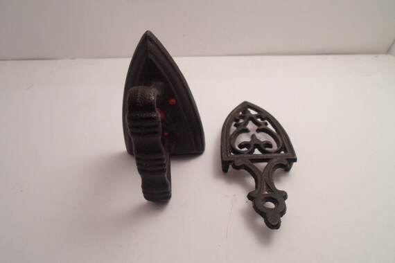 Vintage Cast Iron Minature Sad Iron and Trivet Rest Adorable Holiday item 3"tall Hand Painted Doll Toy Collectable