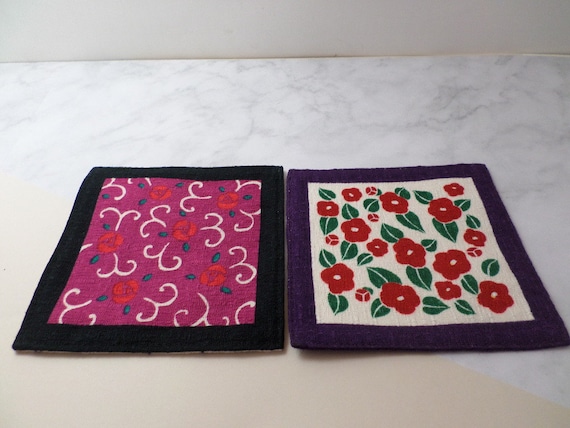 2 vintage fabric coasters double sided black cat roses Japanese