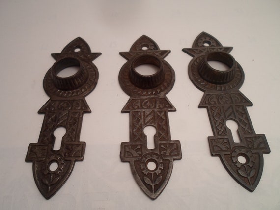 3 Antique Eastlake Victorian Iron Door Plates Hardware Detailed Unusual Shape 6"L 2"W Mansion Farmhouse Cottage Chic