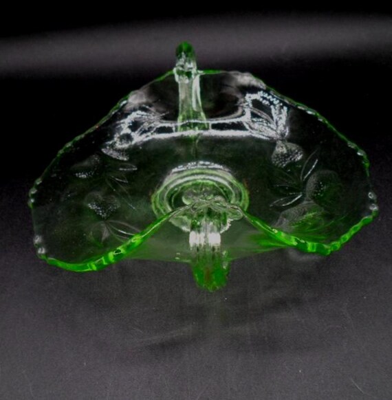 Fenton Green Uranium Glass Handled Bowl Bon Bon Candy Dish Wild Strawberry Design Cool