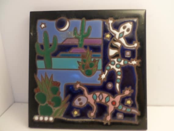 Vintage 90's tile trivet cobalt blue cactus & lizards Masterworks handcrafted art tiles made in the USA